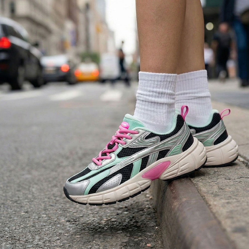 Women's Retro Chunky Trainers in black, mint green, pink, silver – view 3