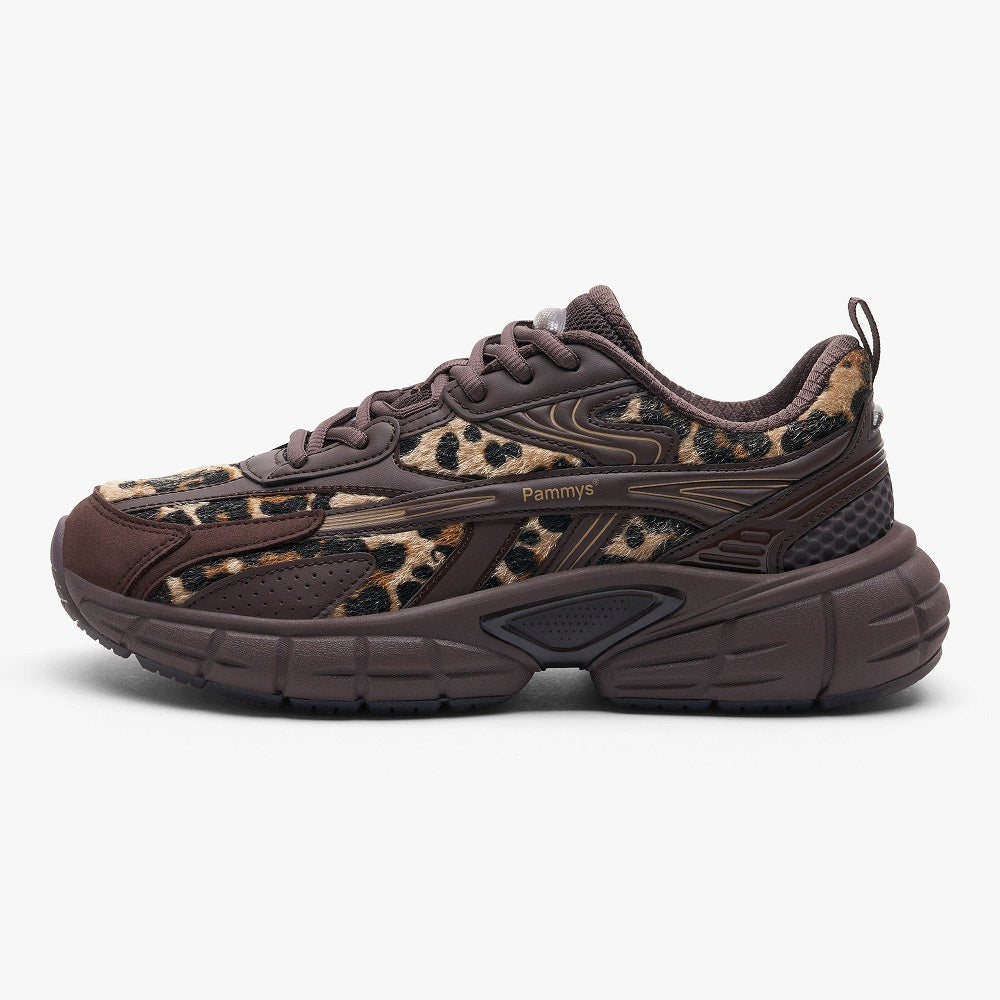 Women's Retro Chunky Trainers in chocolate brown, leopard print – side view