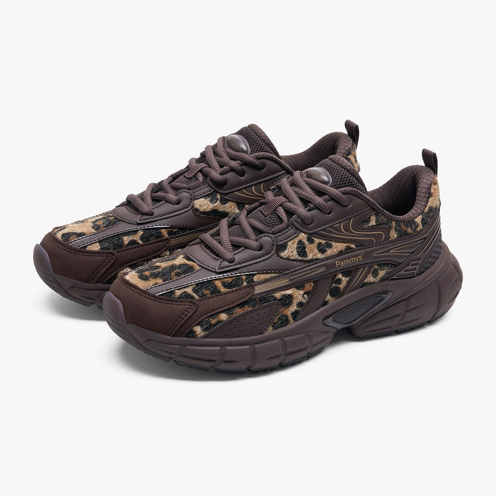 Women's Retro Chunky Trainers in chocolate brown, leopard print – view 2