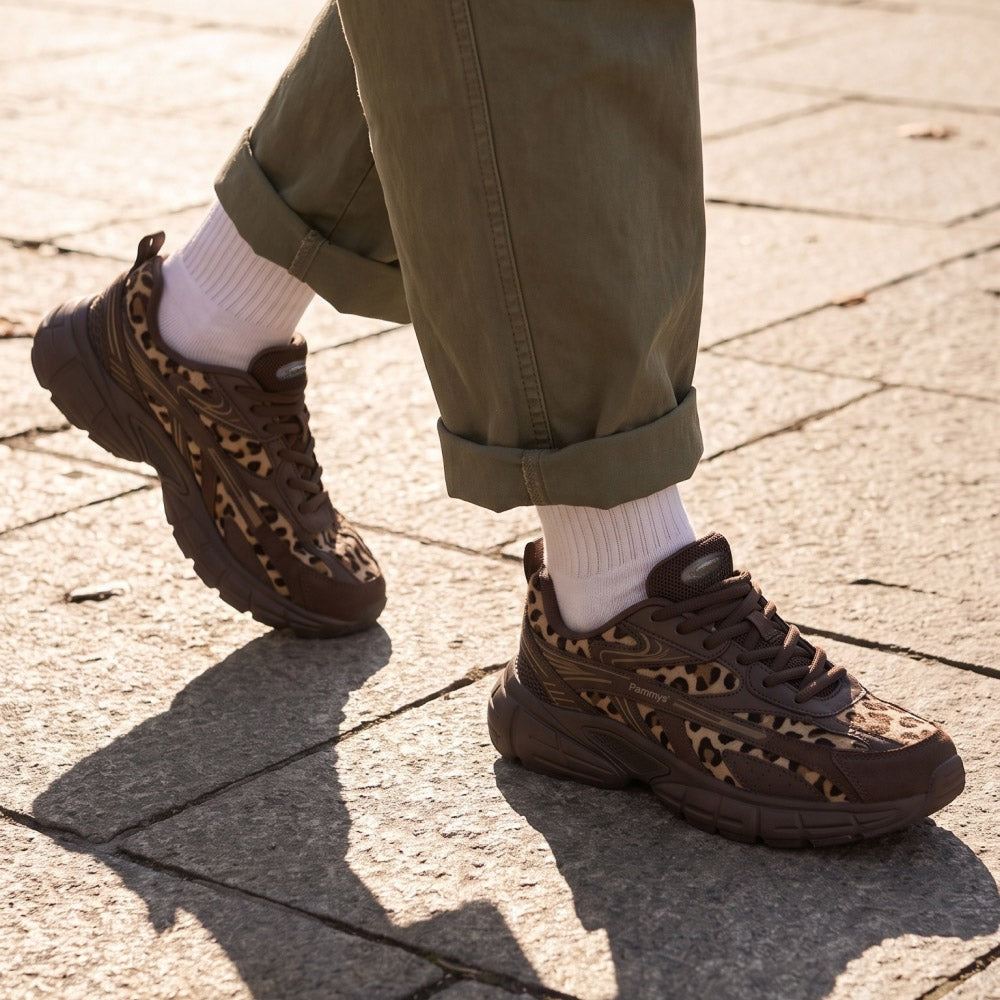Women's Retro Chunky Trainers in chocolate brown, leopard print – view 4