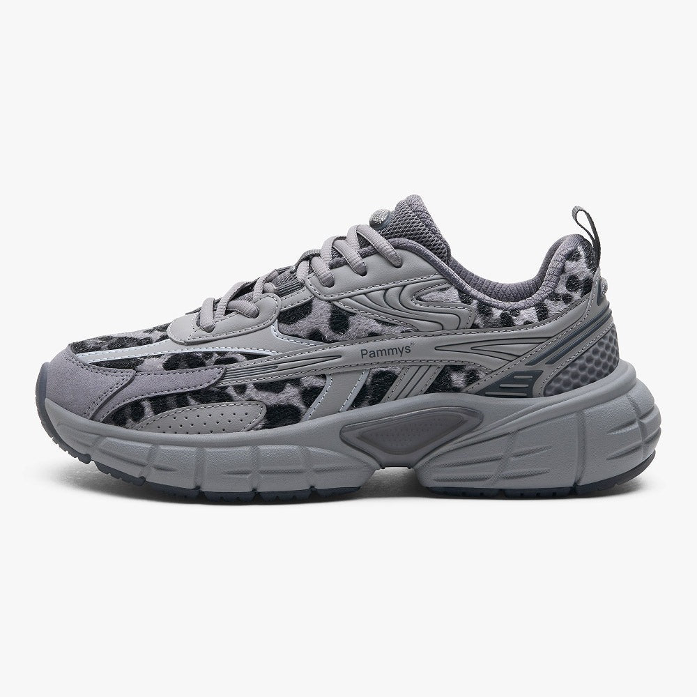 Women's Retro Chunky Trainers in grey, leopard print – side view