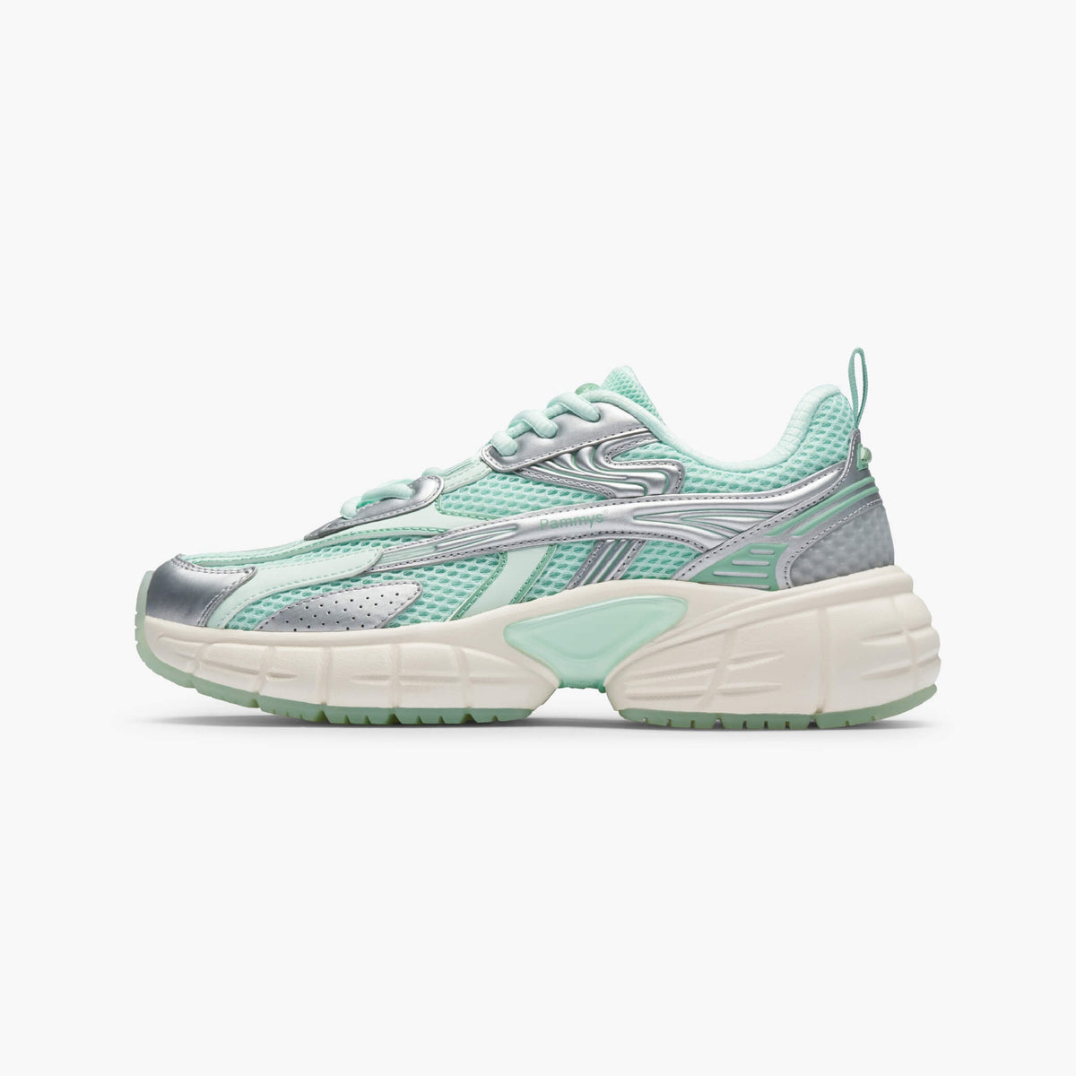 Women's Retro Chunky Trainers in mint green, silver – side view