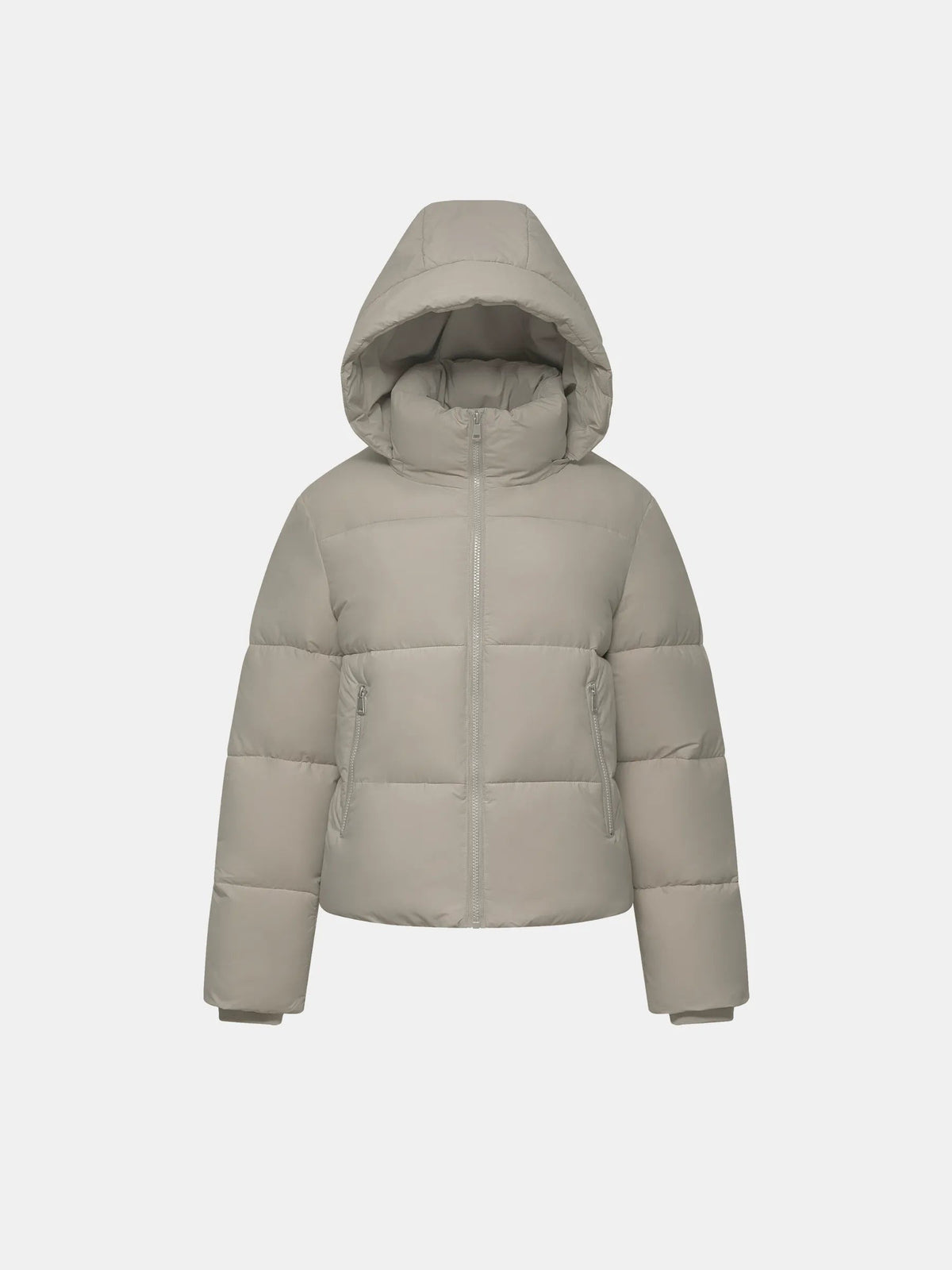 Women's Short Puffer Jacket with Detachable Hood in mocha brown – front view