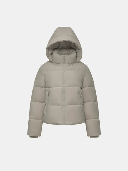 Women's Short Puffer Jacket with Detachable Hood in mocha brown – front view