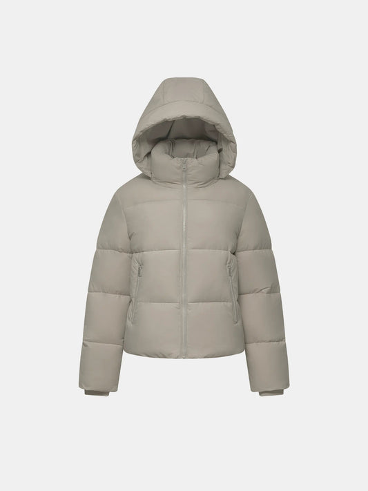 Women's Short Puffer Jacket with Detachable Hood in mocha brown – front view
