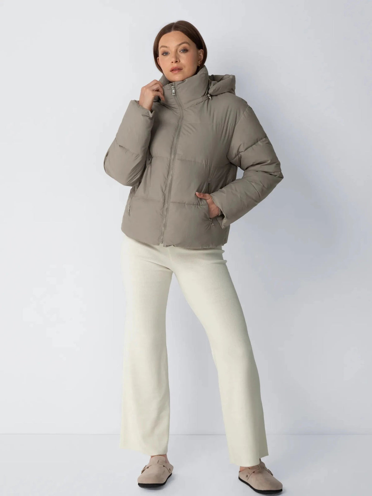 Women's Short Puffer Jacket with Detachable Hood in mocha brown – view 2