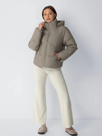 Women's Short Puffer Jacket with Detachable Hood in mocha brown – view 2