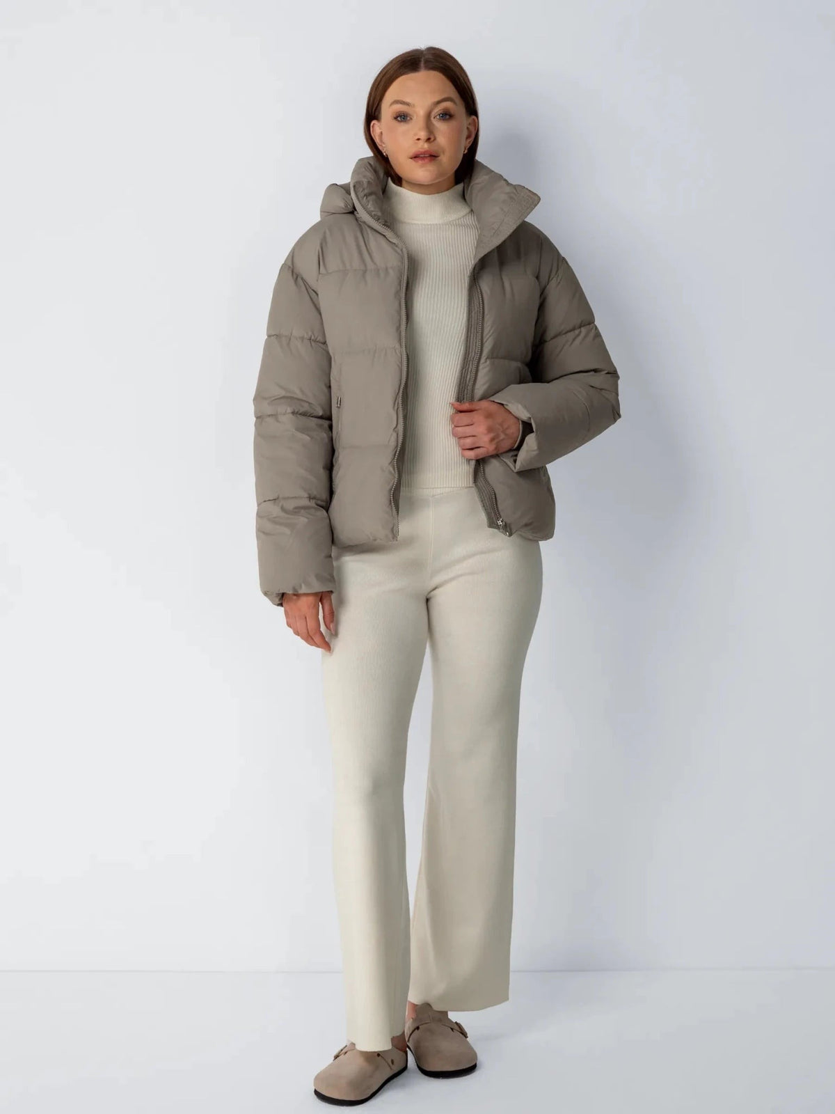 Women's Short Puffer Jacket with Detachable Hood in mocha brown – view 3