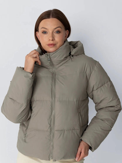 Women's Short Puffer Jacket with Detachable Hood in mocha brown – view 4