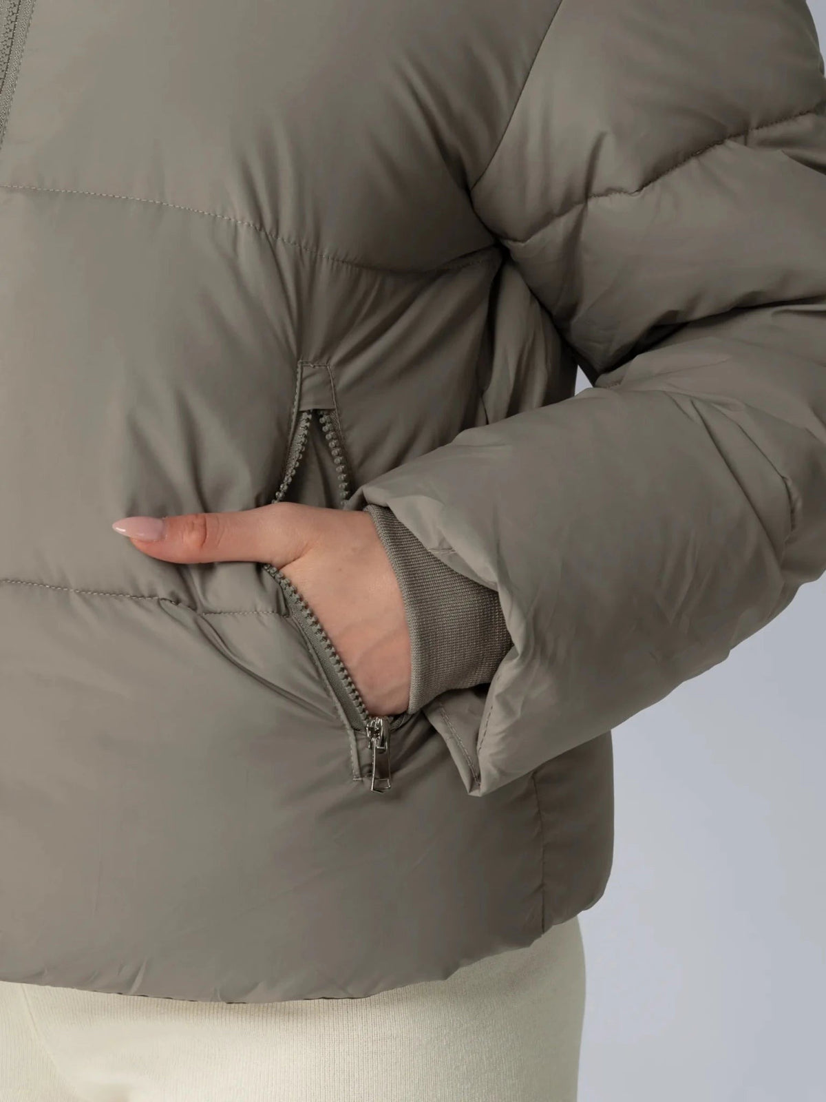 Women's Short Puffer Jacket with Detachable Hood in mocha brown – view 8