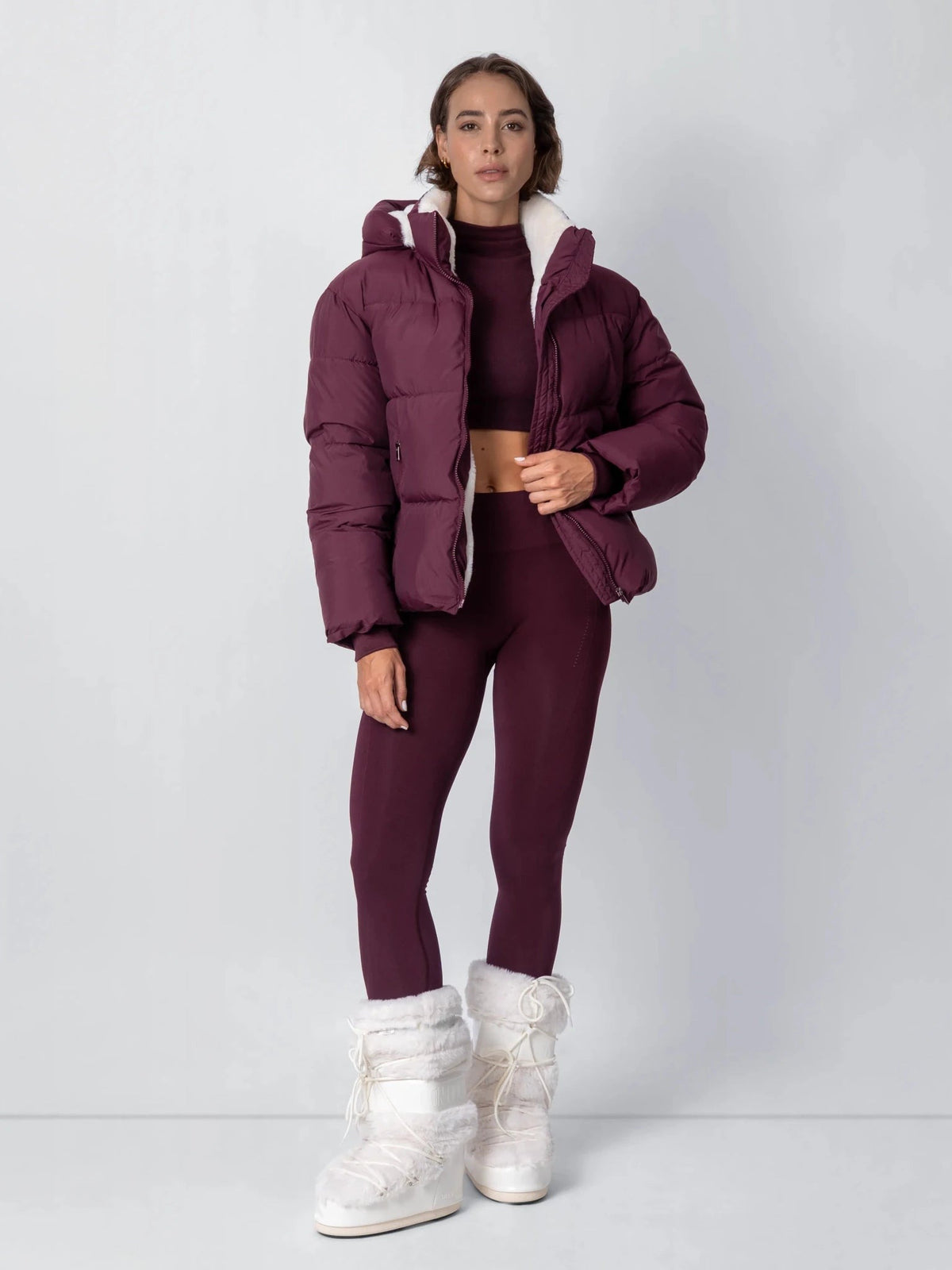 Women's Short Puffer Jacket with Detachable Hood in mocha brown – view 9