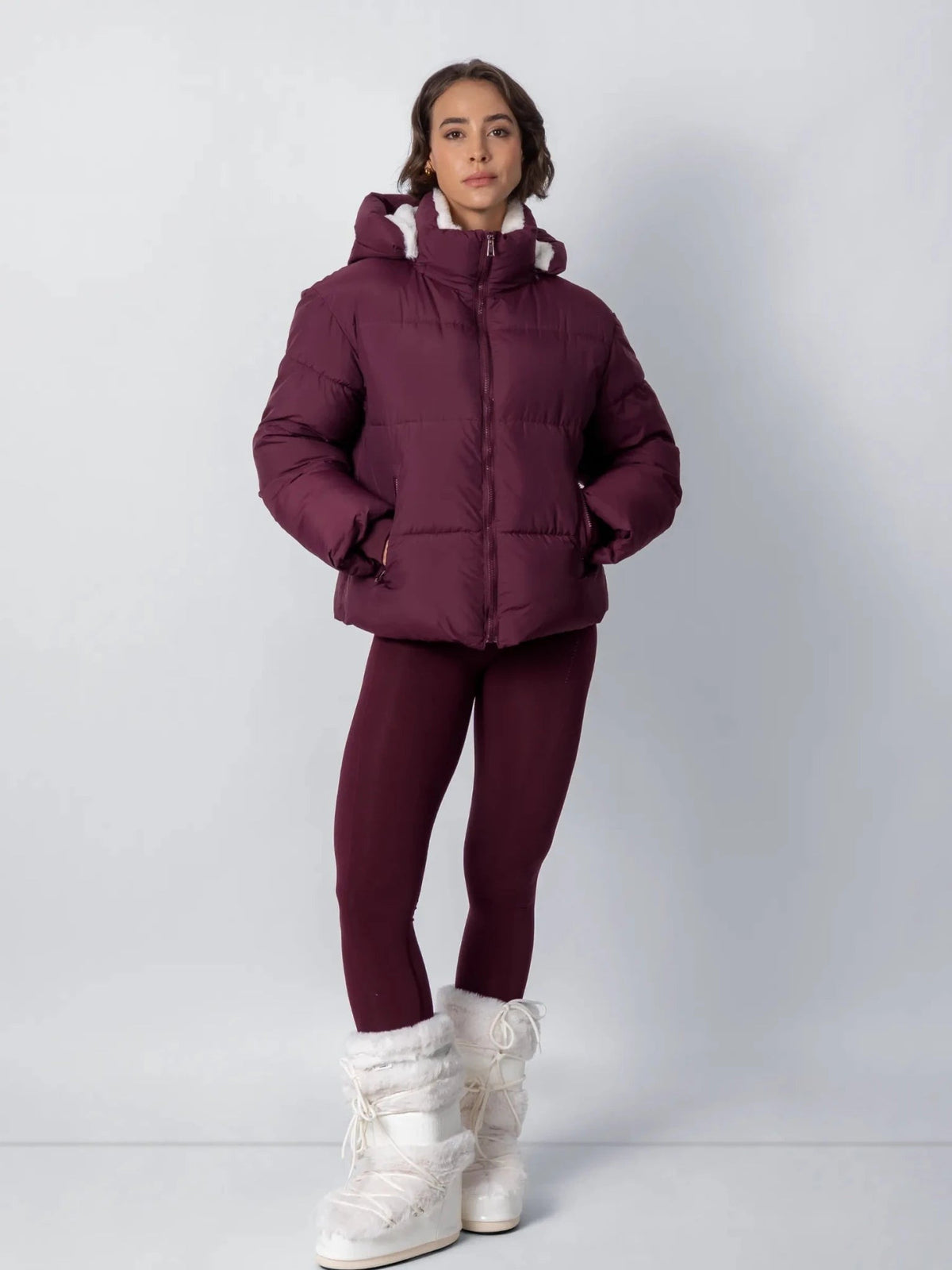 Women's Short Puffer Jacket with Detachable Hood in mocha brown – view 10