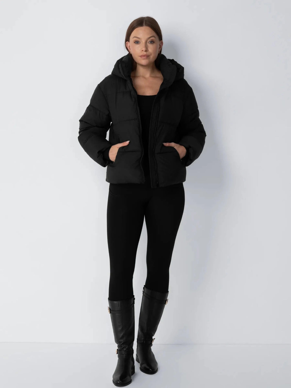 Women's Short Puffer Jacket with Detachable Hood in mocha brown – view 12