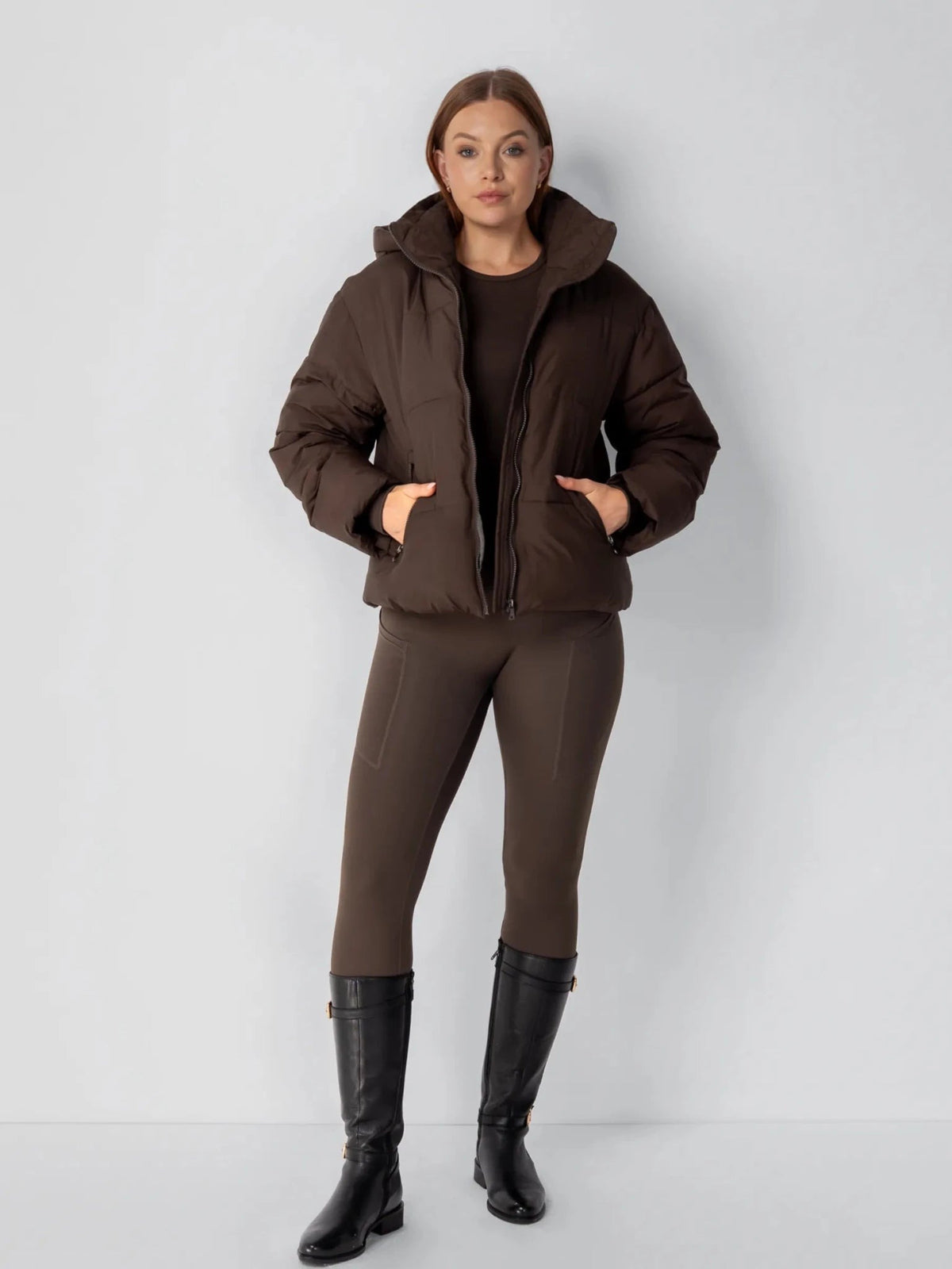 Women's Short Puffer Jacket with Detachable Hood in mocha brown – view 13