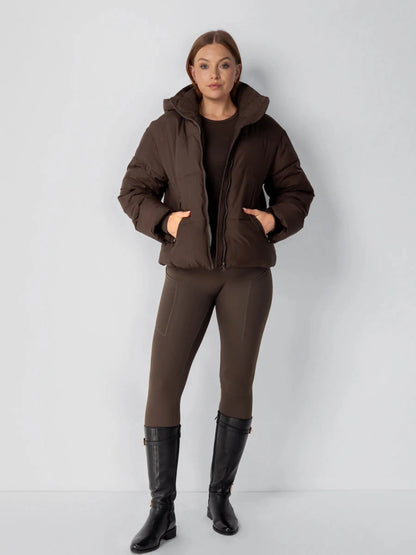 Women's Short Puffer Jacket with Detachable Hood in mocha brown – view 13