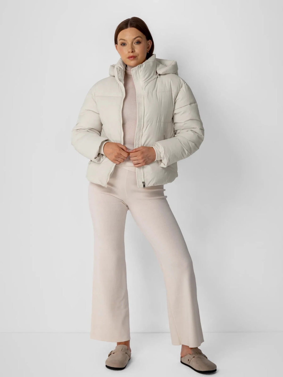 Women's Short Puffer Jacket with Detachable Hood in mocha brown – view 14