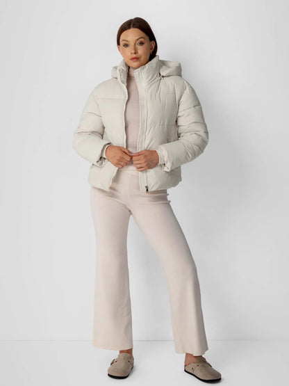 Women's Short Puffer Jacket with Detachable Hood in mocha brown – view 14