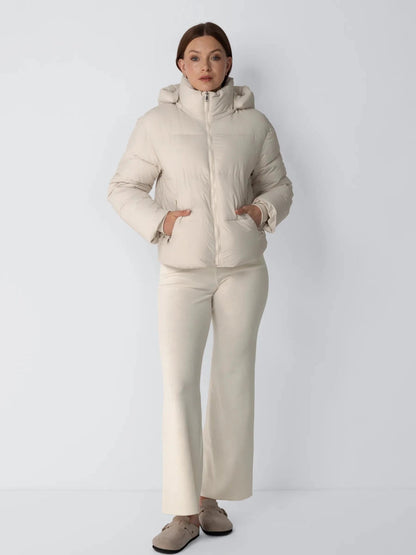 Women's Short Puffer Jacket with Detachable Hood in mocha brown – view 16