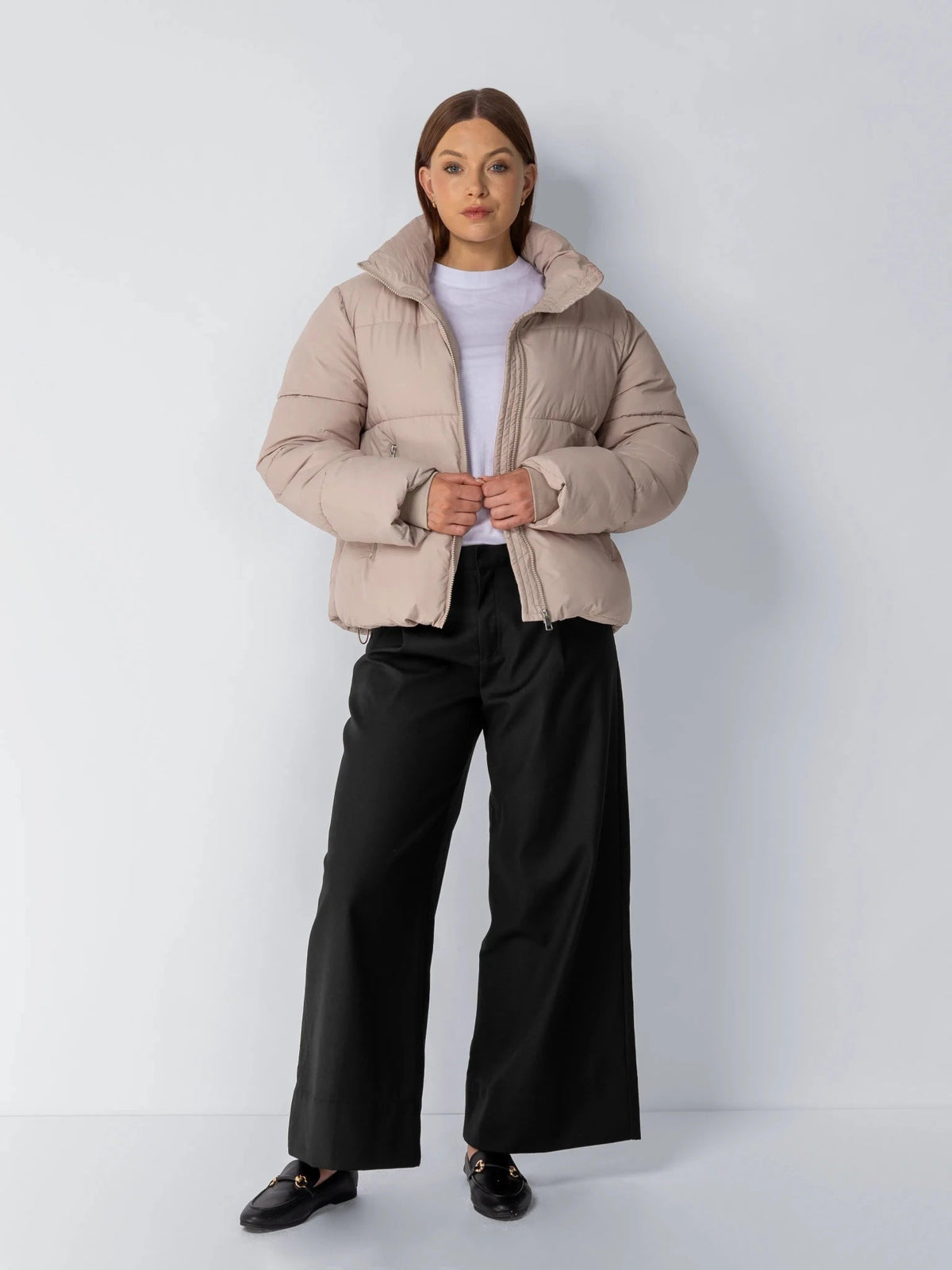 Women's Short Puffer Jacket with Detachable Hood in mocha brown – view 18