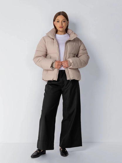 Women's Short Puffer Jacket with Detachable Hood in mocha brown – view 18