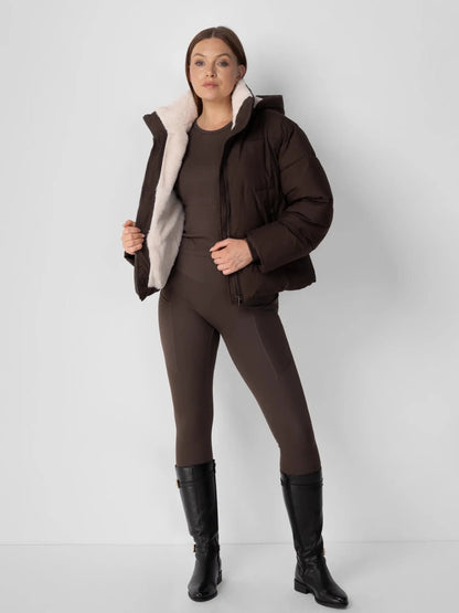 Women's Short Puffer Jacket with Detachable Hood in mocha brown – view 20