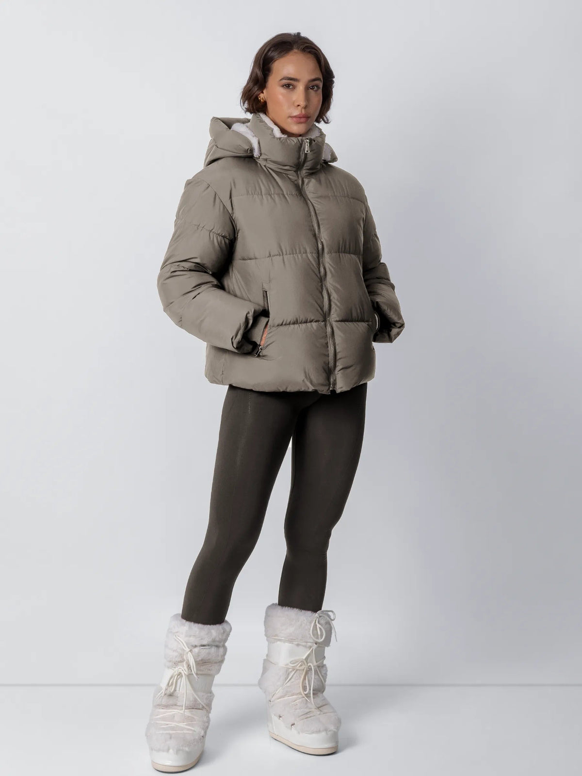 Women's Short Puffer Jacket with Detachable Hood in mocha brown – view 22