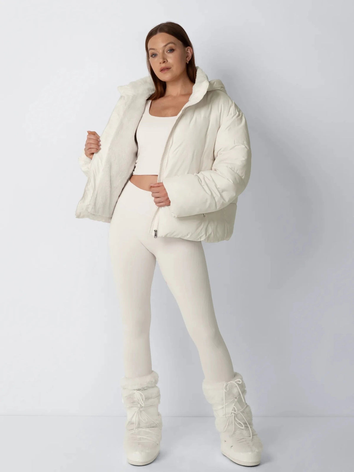 Women's Short Puffer Jacket with Detachable Hood in mocha brown – view 24
