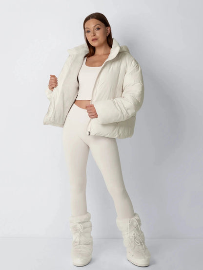 Women's Short Puffer Jacket with Detachable Hood in mocha brown – view 24