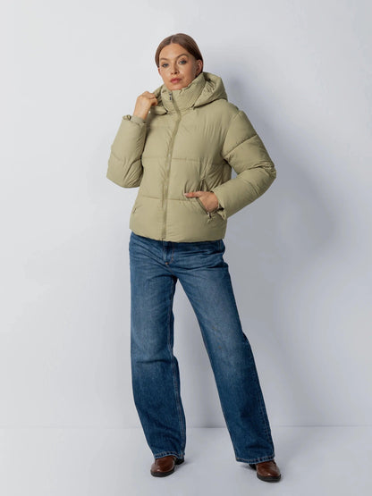 Women's Short Puffer Jacket with Detachable Hood in mocha brown – view 25