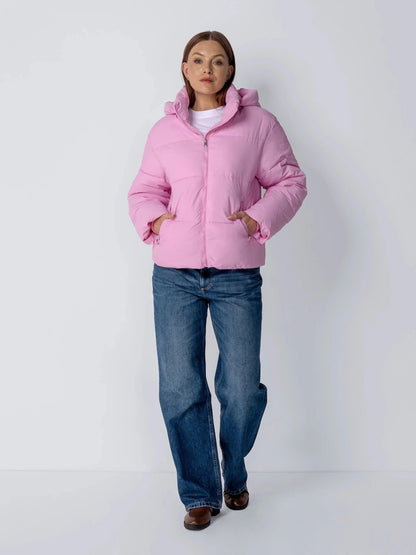 Women's Short Puffer Jacket with Detachable Hood in mocha brown – view 26