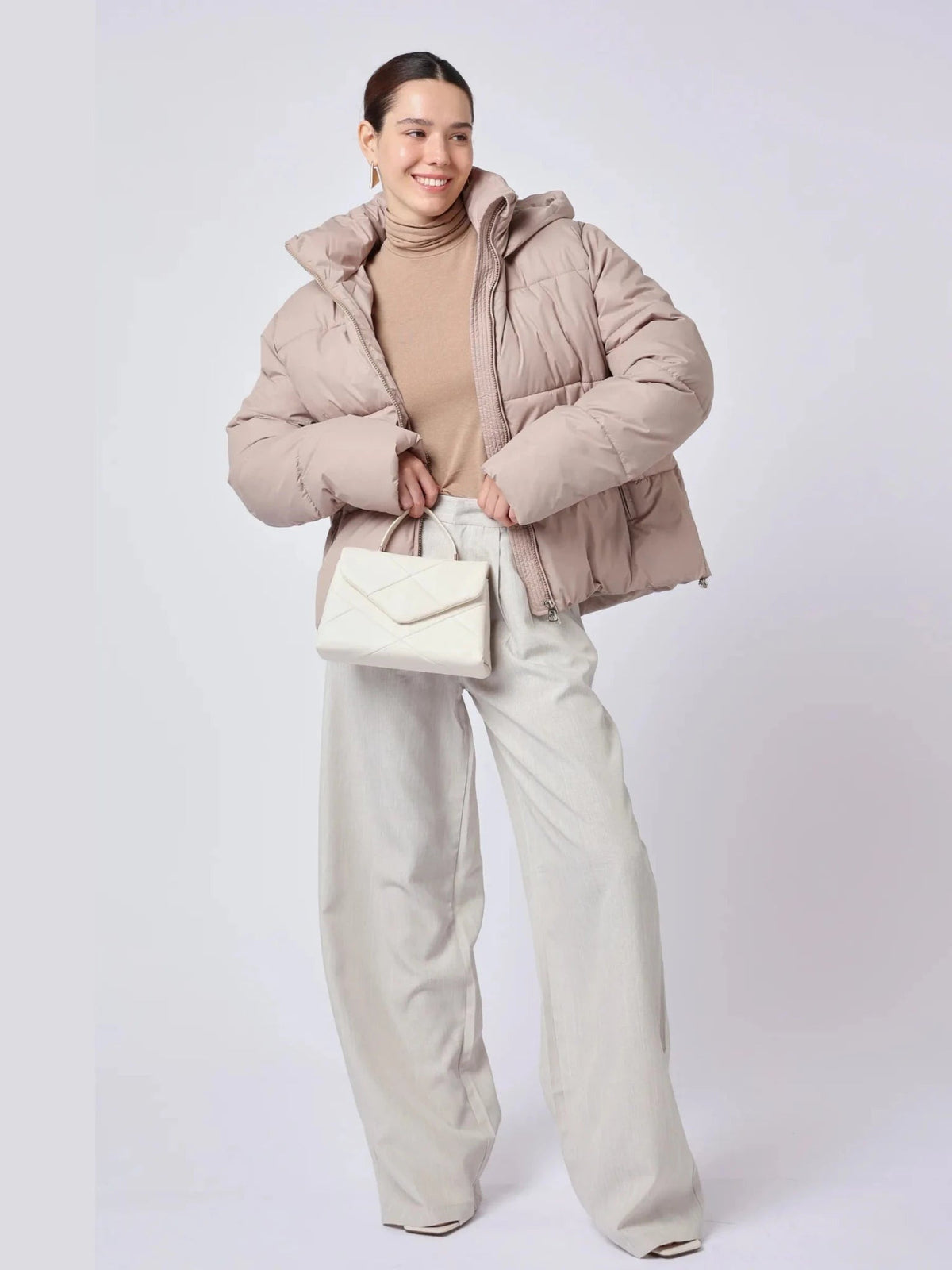 Women's Short Puffer Jacket with Detachable Hood in mocha brown – view 27