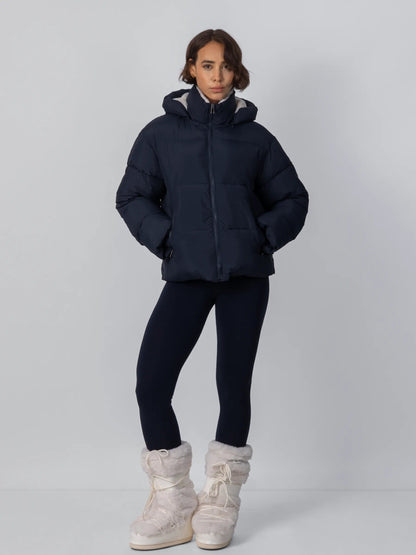 Women's Short Puffer Jacket with Detachable Hood in mocha brown – view 29