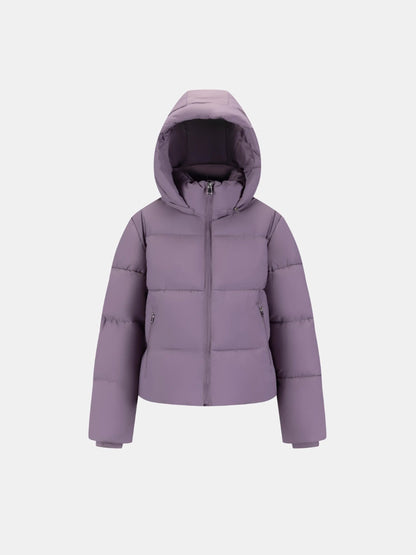 Women's Short Puffer Jacket with Detachable Hood in mocha brown – view 34
