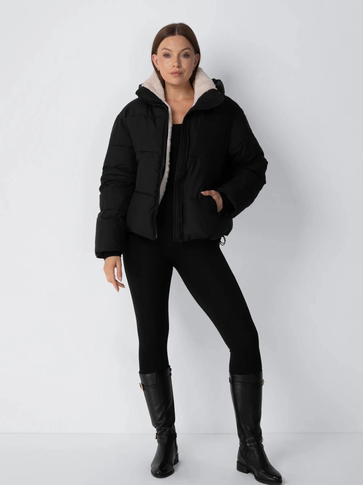 Women's Short Puffer Jacket with Faux Fur Lining & Detachable Hood in mocha brown – view 2