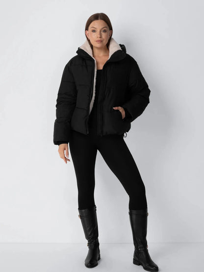 Women's Short Puffer Jacket with Faux Fur Lining & Detachable Hood in mocha brown – view 2