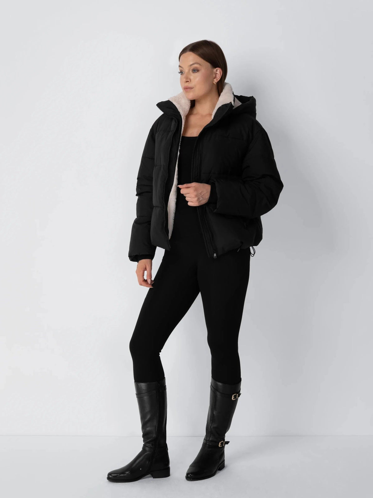 Women's Short Puffer Jacket with Faux Fur Lining & Detachable Hood in mocha brown – view 10