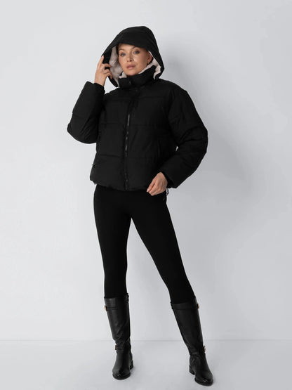 Women's Short Puffer Jacket with Faux Fur Lining & Detachable Hood in mocha brown – view 11