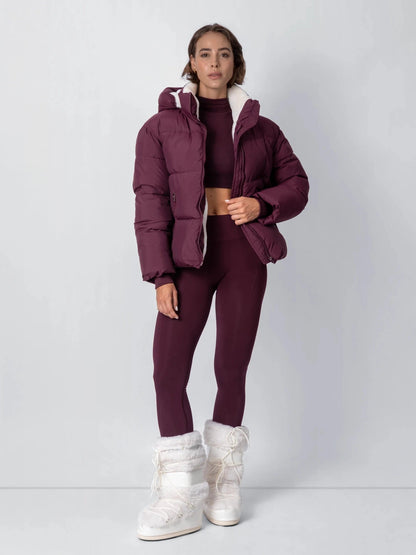 Women's Short Puffer Jacket with Faux Fur Lining & Detachable Hood in mocha brown – view 12