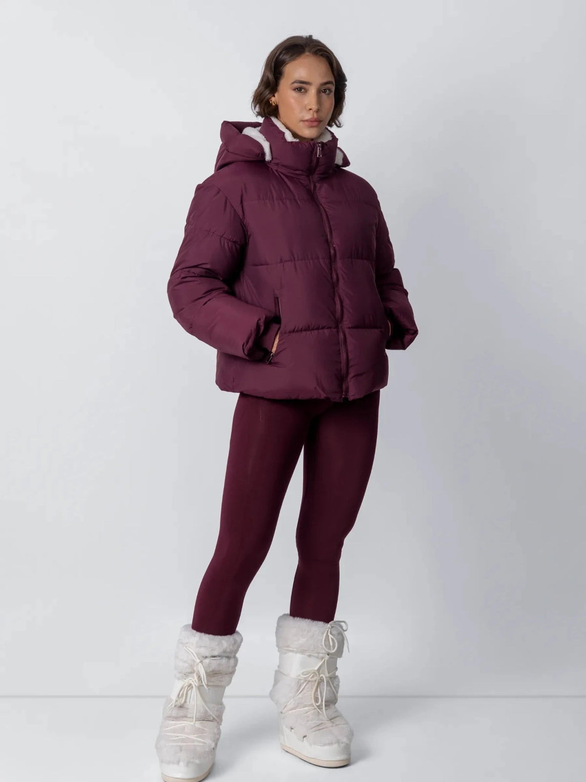 Women's Short Puffer Jacket with Faux Fur Lining & Detachable Hood in mocha brown – view 14