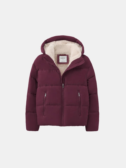 Women's Short Puffer Jacket with Faux Fur Lining & Detachable Hood in mocha brown – view 15