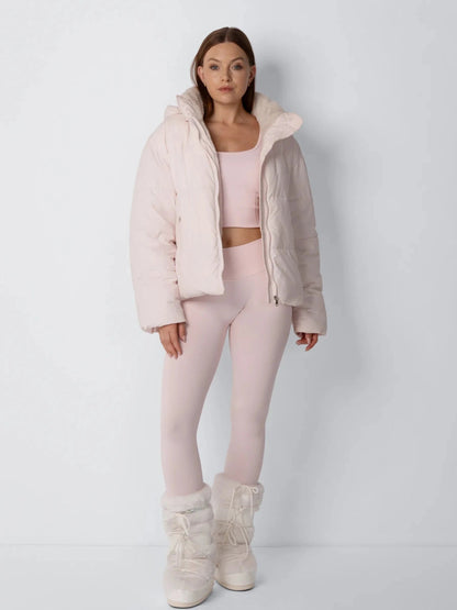 Women's Short Puffer Jacket with Faux Fur Lining & Detachable Hood in mocha brown – view 16