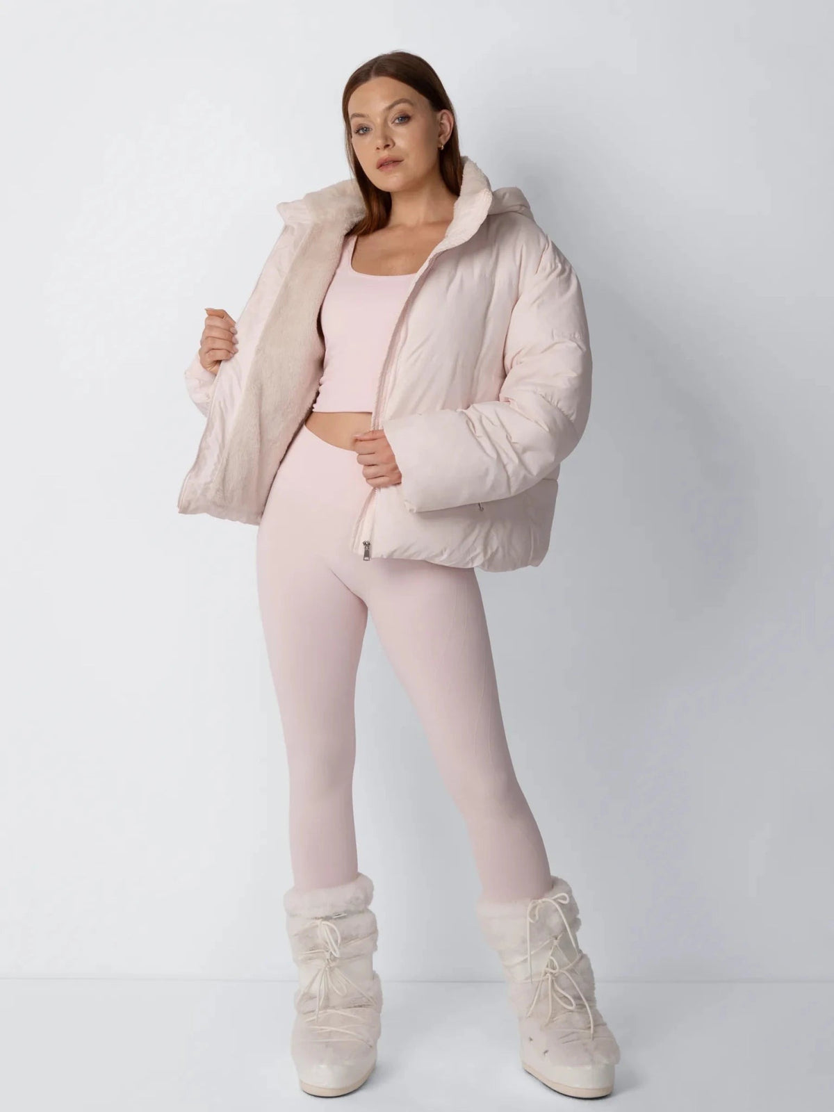 Women's Short Puffer Jacket with Faux Fur Lining & Detachable Hood in mocha brown – view 17