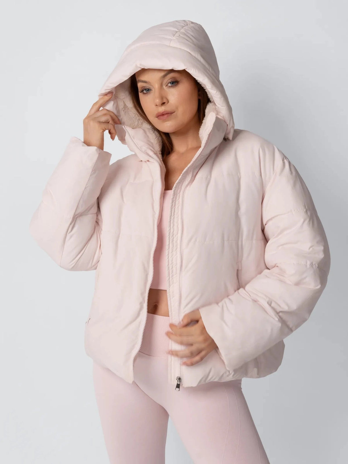 Women's Short Puffer Jacket with Faux Fur Lining & Detachable Hood in mocha brown – view 18