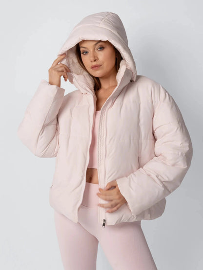 Women's Short Puffer Jacket with Faux Fur Lining & Detachable Hood in mocha brown – view 18