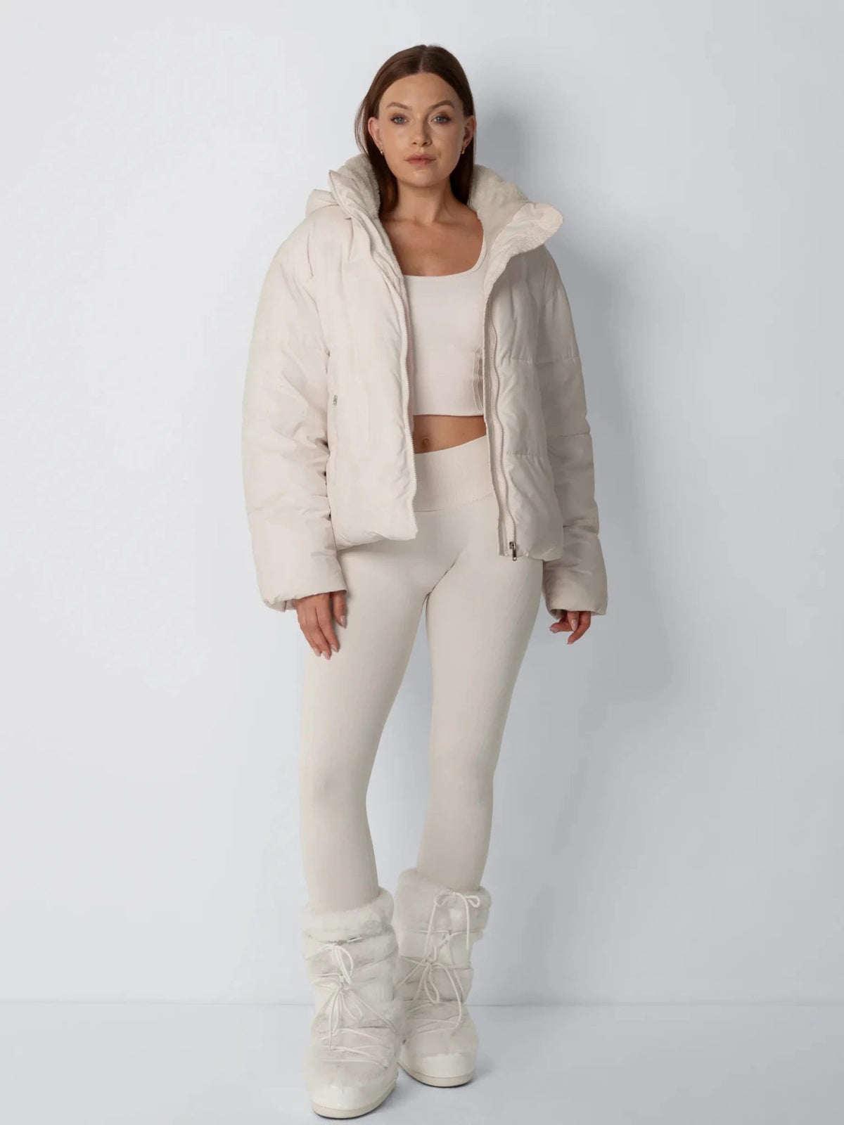 Women's Short Puffer Jacket with Faux Fur Lining & Detachable Hood in mocha brown – view 19