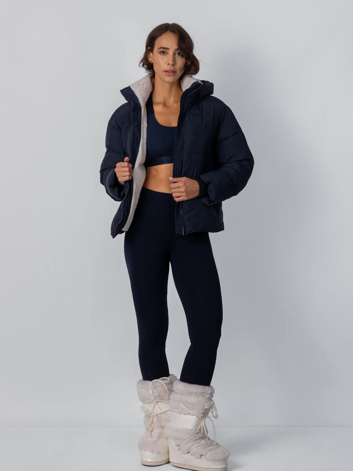 Women's Short Puffer Jacket with Faux Fur Lining & Detachable Hood in mocha brown – view 22