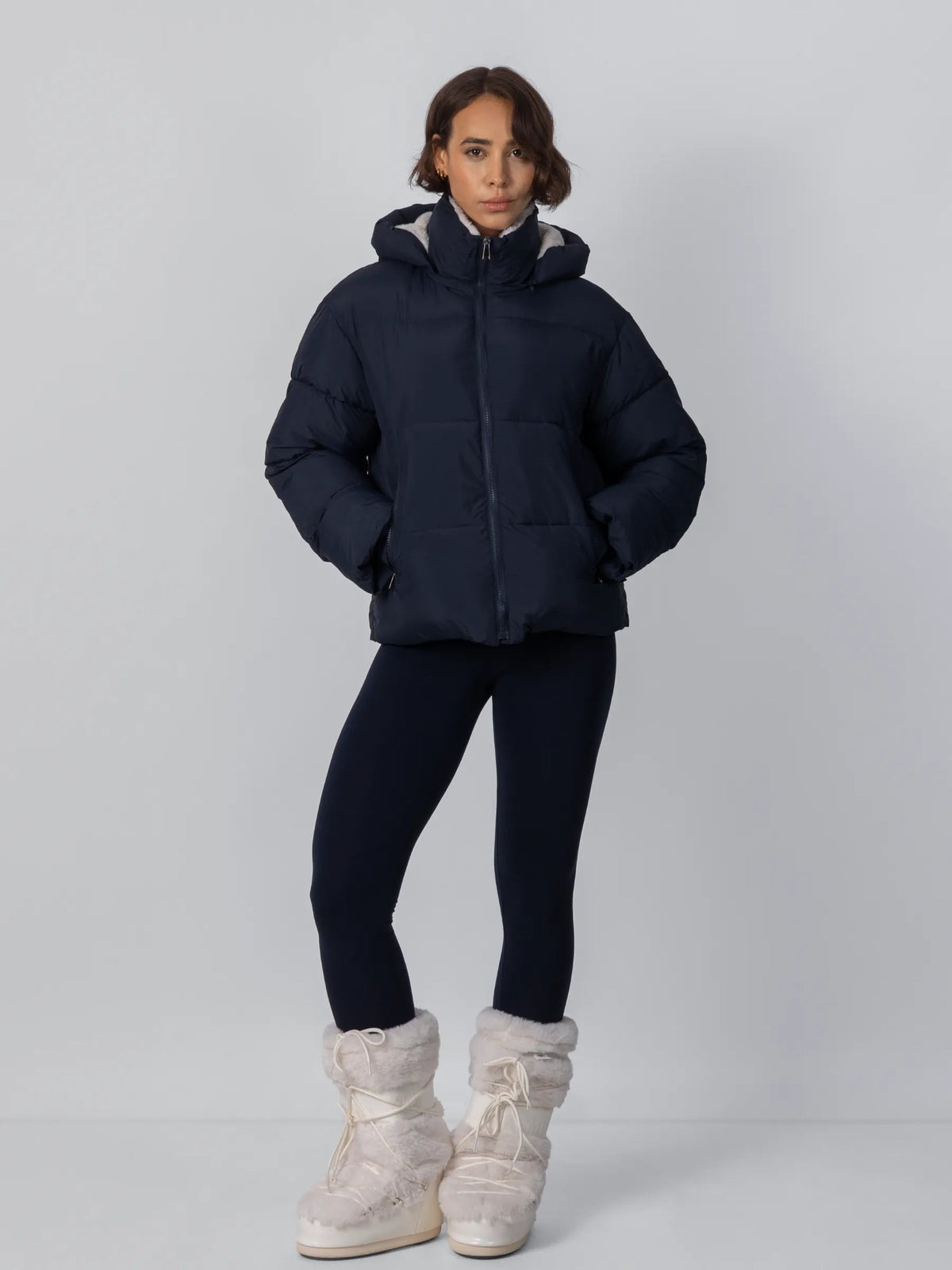 Women's Short Puffer Jacket with Faux Fur Lining & Detachable Hood in mocha brown – view 23