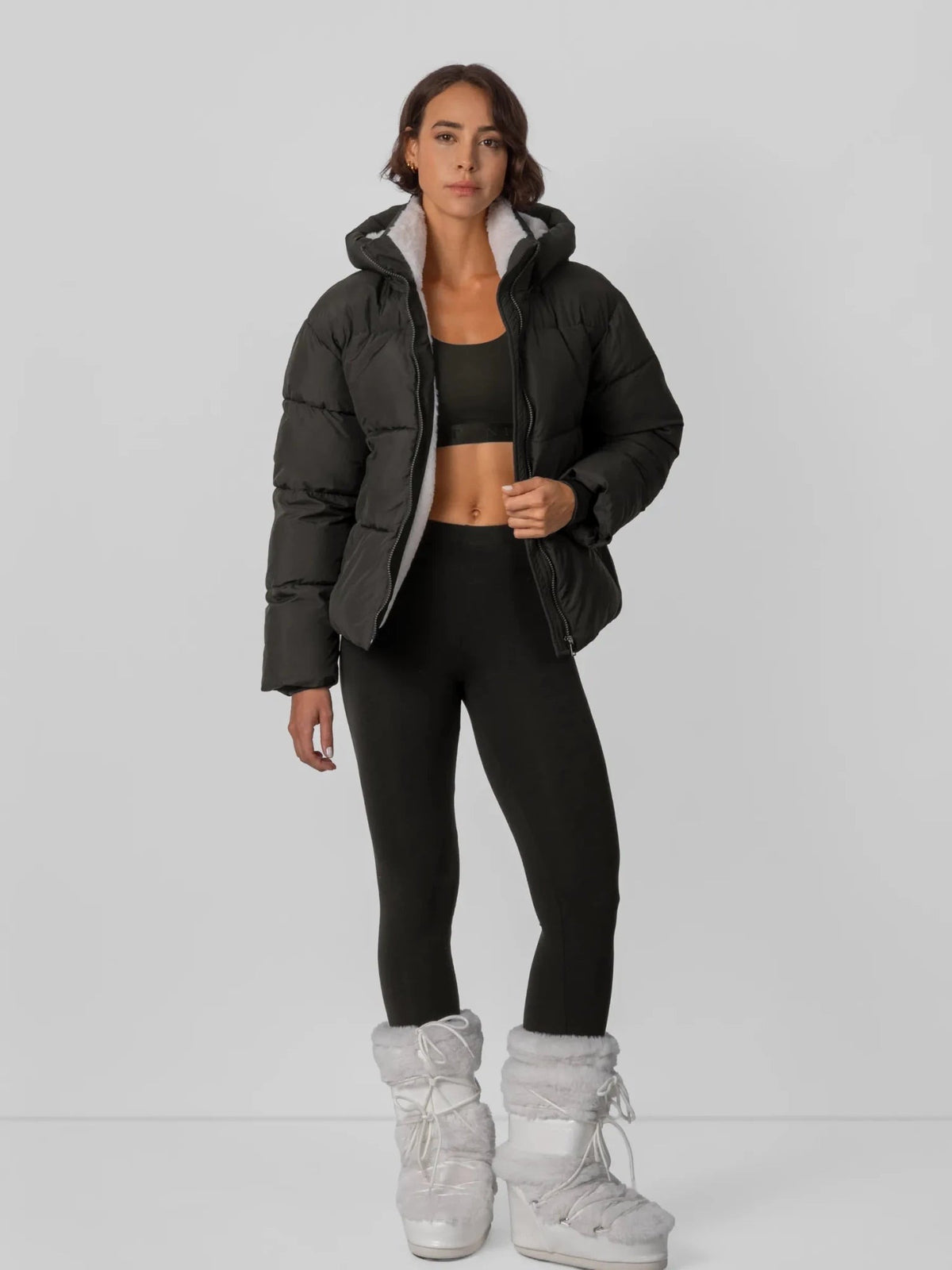 Women's Short Puffer Jacket with Faux Fur Lining & Detachable Hood in mocha brown – view 24