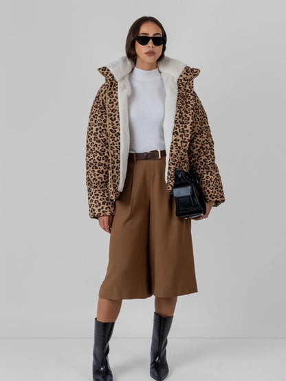 Women's Short Puffer Jacket with Faux Fur Lining & Detachable Hood in mocha brown – view 25