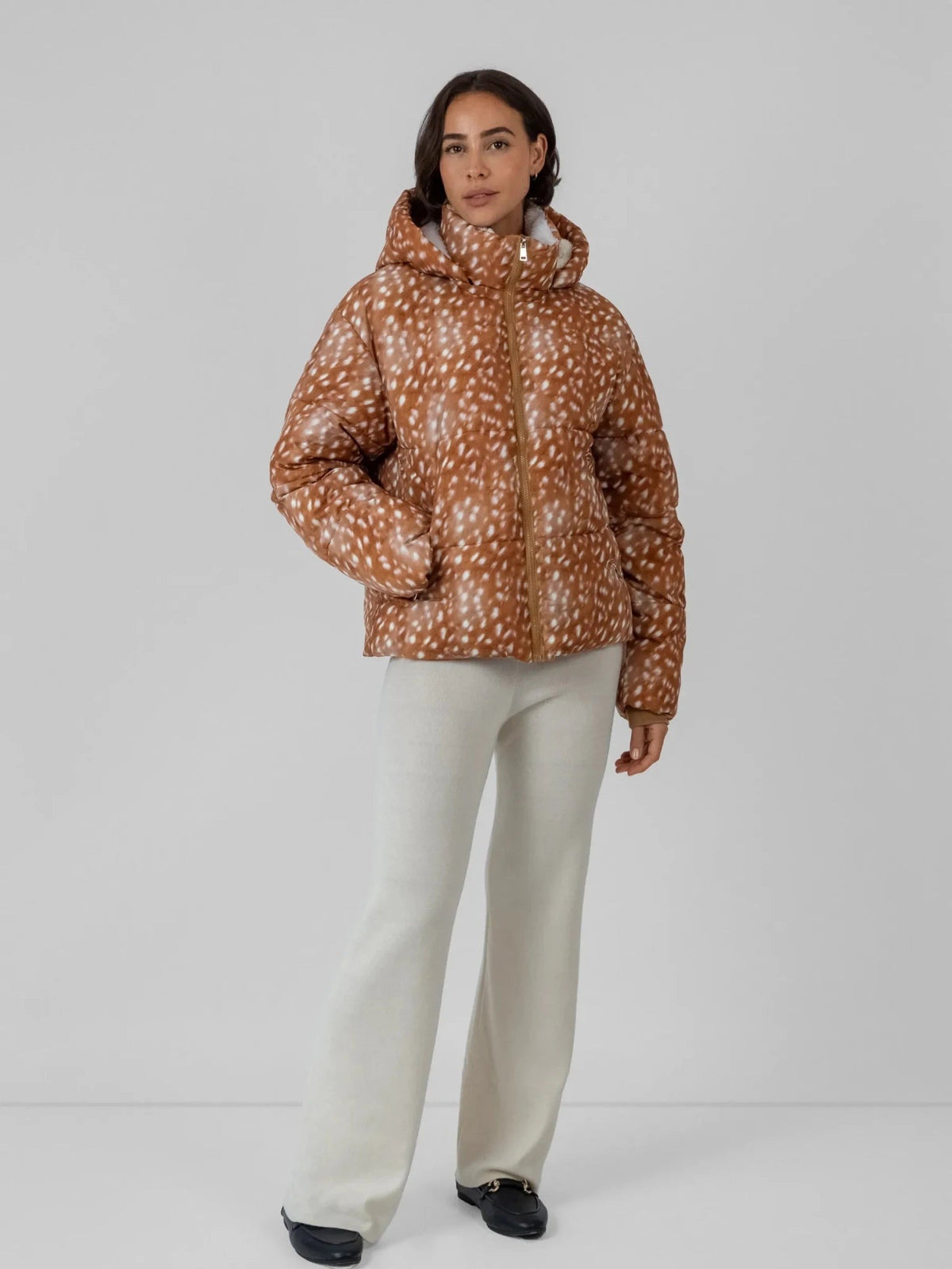 Women's Short Puffer Jacket with Faux Fur Lining & Detachable Hood in mocha brown – view 28